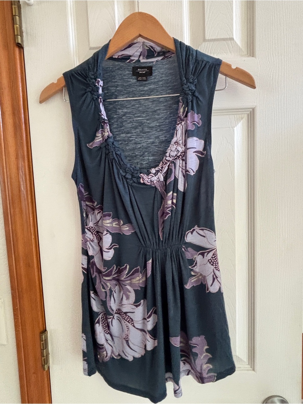 Deletta Dark Teal Floral Sleeveless Blouse with Lavender Flowers